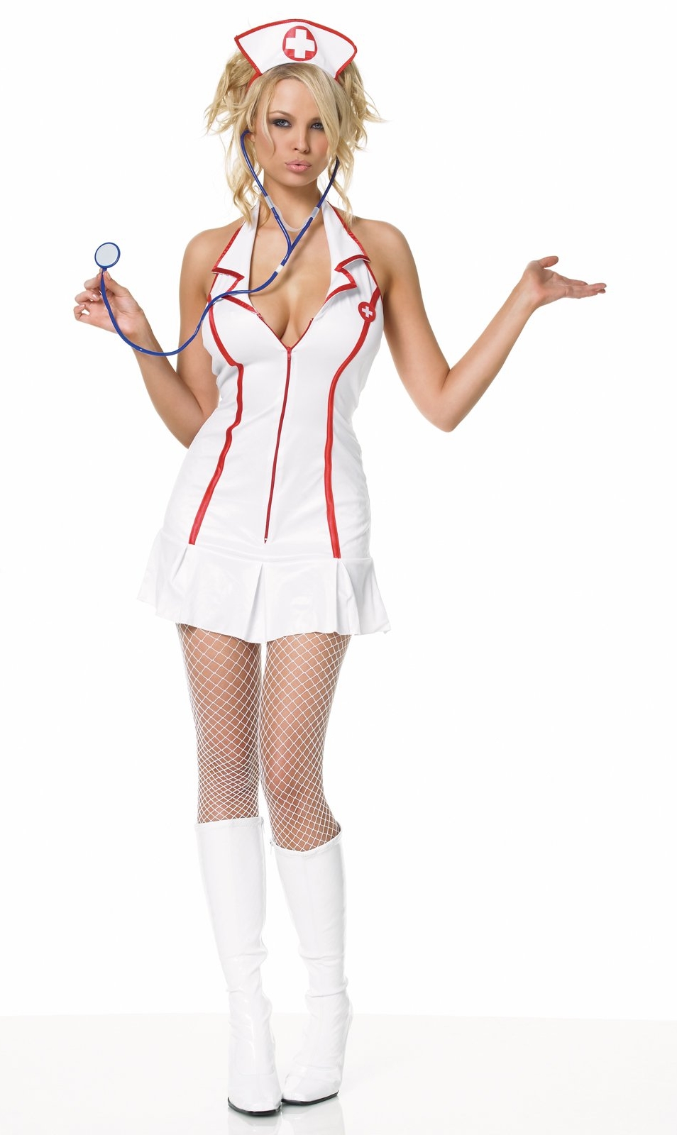 Blonde Nurse wearing White Fishnet Pantyhose and White Short Dress